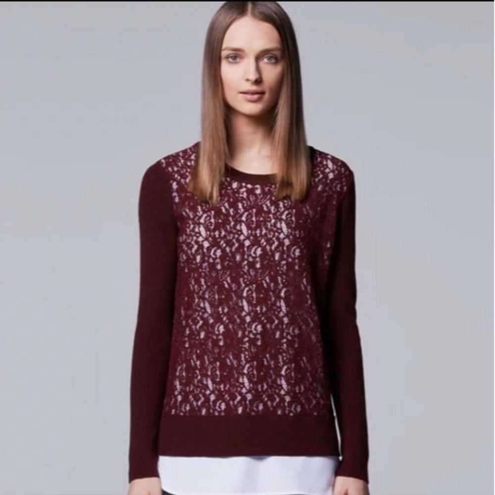 Simply Vera Vera Wang Sz L Maroon Lace Sweater with Under Lay White Shirt, GUC